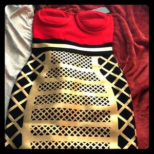 Stunning Red and Gold multi color bandage dress.